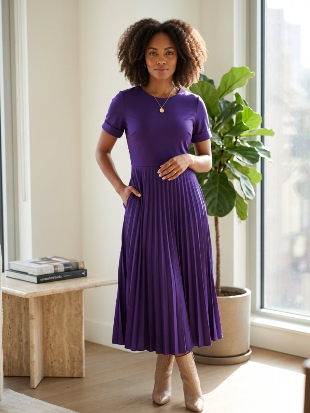 Elizabeth & Nicole Pleated Fit & Flare Short Sleeve Midi Dress Purple Size L